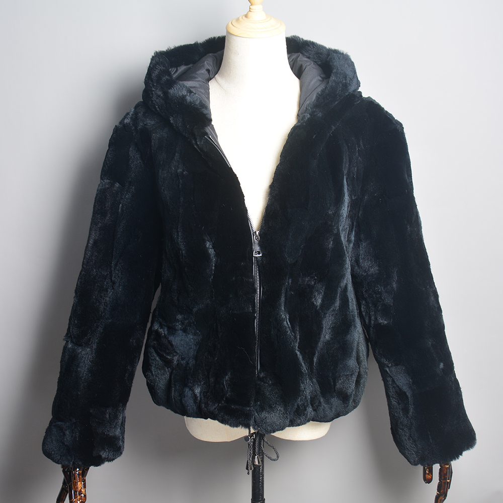 女性のための本物のレックスのウサギの毛皮のフード付きコート、暖かい冬のオーバーコート、100% 天然、本物の新しい、女性