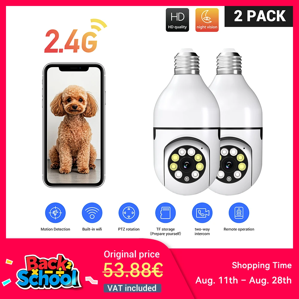 2PC Ease Life APP-Lampadina Telecamere di sicurezza Telecamera WiFi wireless per interni ed esterni 2.4GHz, 360 gradi, E27 Presa luce a vite