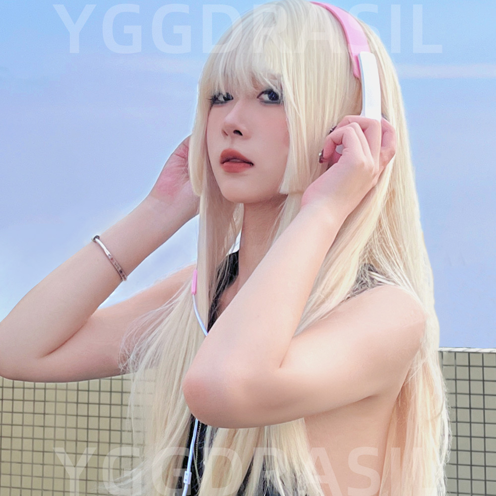 Peluca de cabello sintético con flequillo para mujer, pelo largo y liso Natural, corte Hime, Cosplay, resistente al calor, color rubio claro, dorado, 26 pulgadas