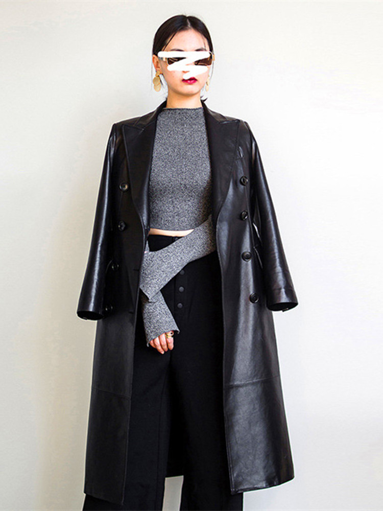 Casaco de pele de carneiro trespassado feminino, roupa de couro comprida, gola de terno, blusão genuíno, OL primavera e outono