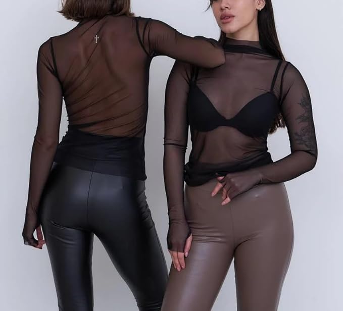 春夏レディース長袖セクシーな黒メッシュトップブラウス透明パンククラブシャツ Tシャツビーチトップス