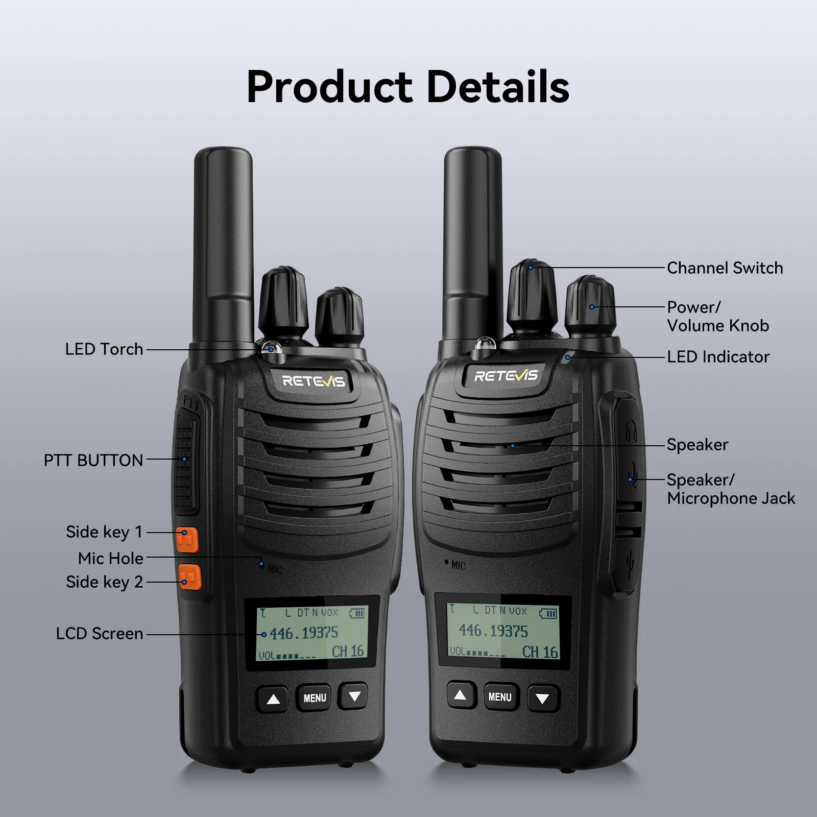 Retevis H777D (H777 mejorado) Walkie-talkie portátil con pantalla LCD, sin licencia, radio de largo alcance tipo C para camping