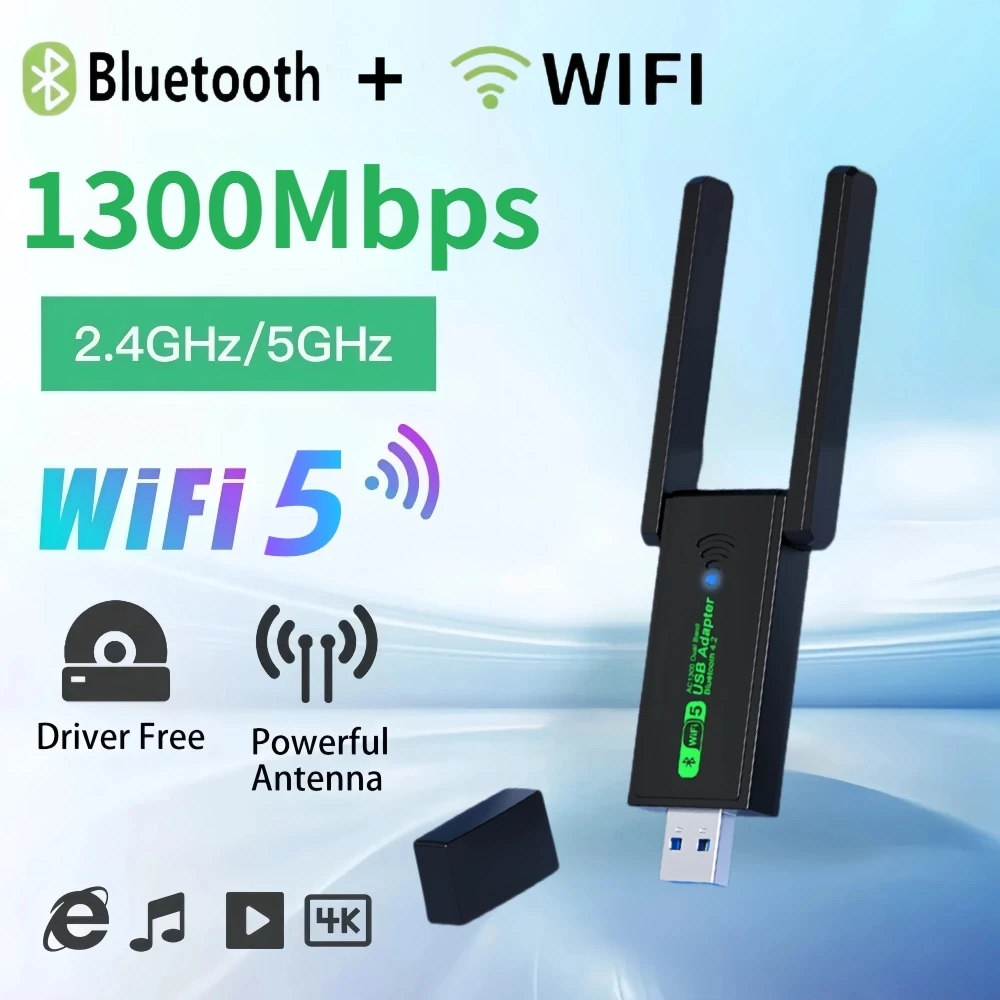 Adaptador WiFi Bluetooth USB 3,0 de 1300Mbps, antena Wi-Fi de 2,4G y 5GHz, Mini receptor de tarjeta de red de ordenador inalámbrico de doble banda 802.11ac