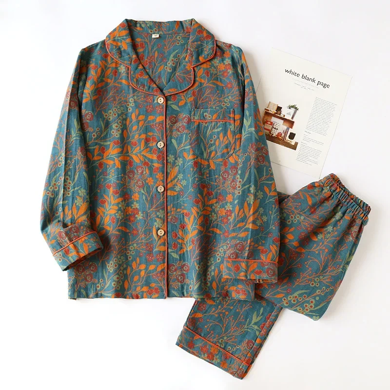 New Vintage Women's Pajamas Cotton Yarn Long Sleeve Pants Sleepwear Lapel Cardigan Home Clothes Soft Casual Set Woman 2 Pieces
