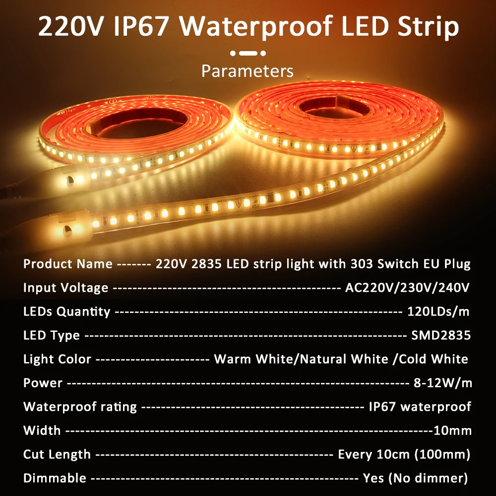 220V IP68 Impermeabile 120LED/m LED Strip Light SMD 2835 Nastro flessibile Lampada ON OFF Interruttore Spina UE per illuminazione esterna