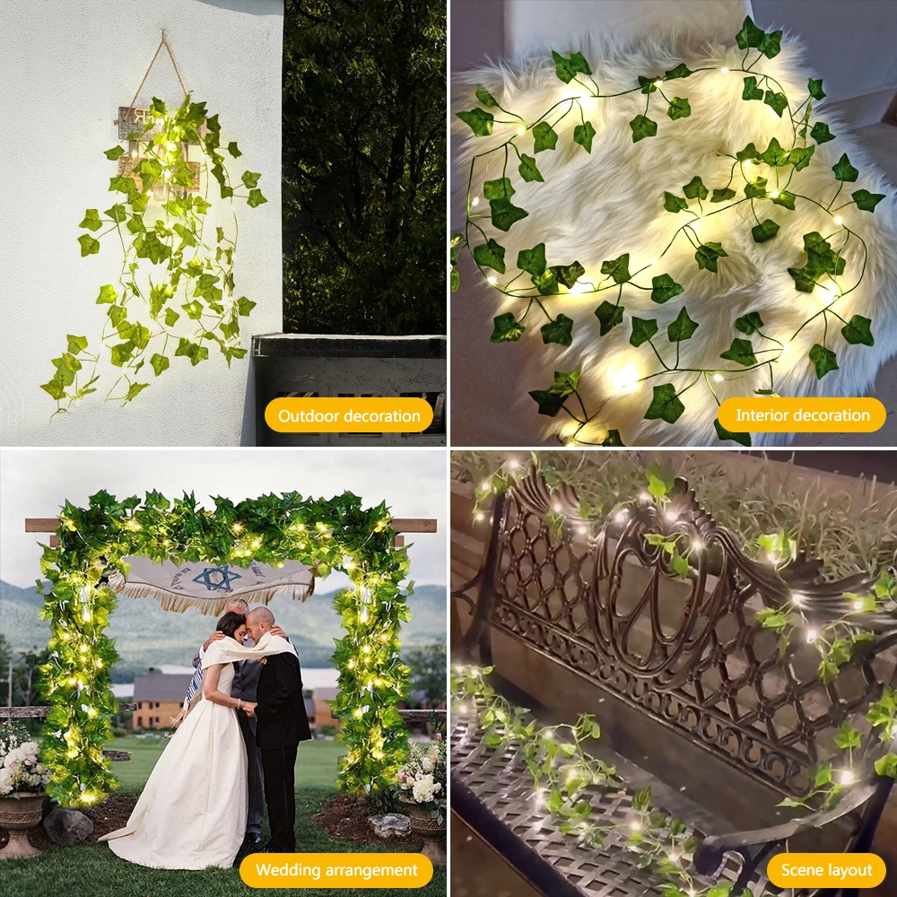 2Meter Atrificial Ivy Vine LED String Lights 20 Bulbs Green Leaf Fairy String Light Weeding Paty Decor Christmas Home Wall Plant