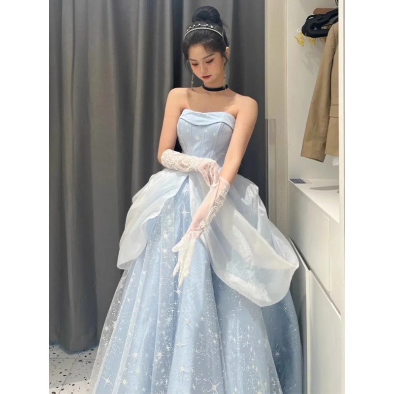 Blauwe galajurk verlovingsjacquardjurk Frankrijk Vintage zoete Koreaanse prinses sprookjesjurk avondfeestjurk