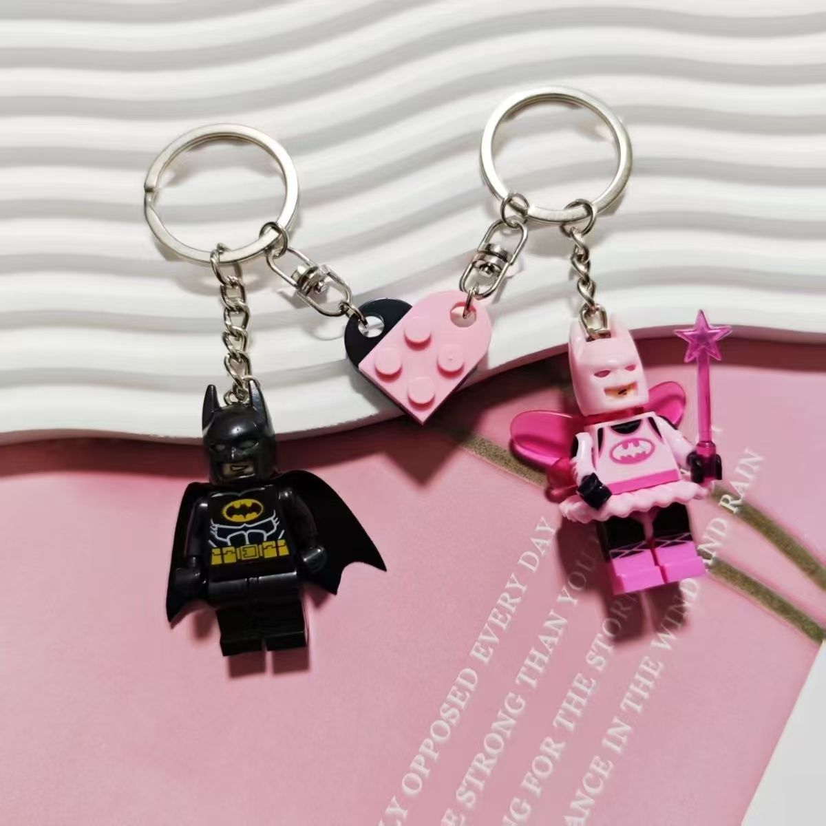 2pcs/set 3D Cartoon Star Pink Black Bat Love Heart Building Block Key Ring Backpack Pendant Couple Keychain Gift