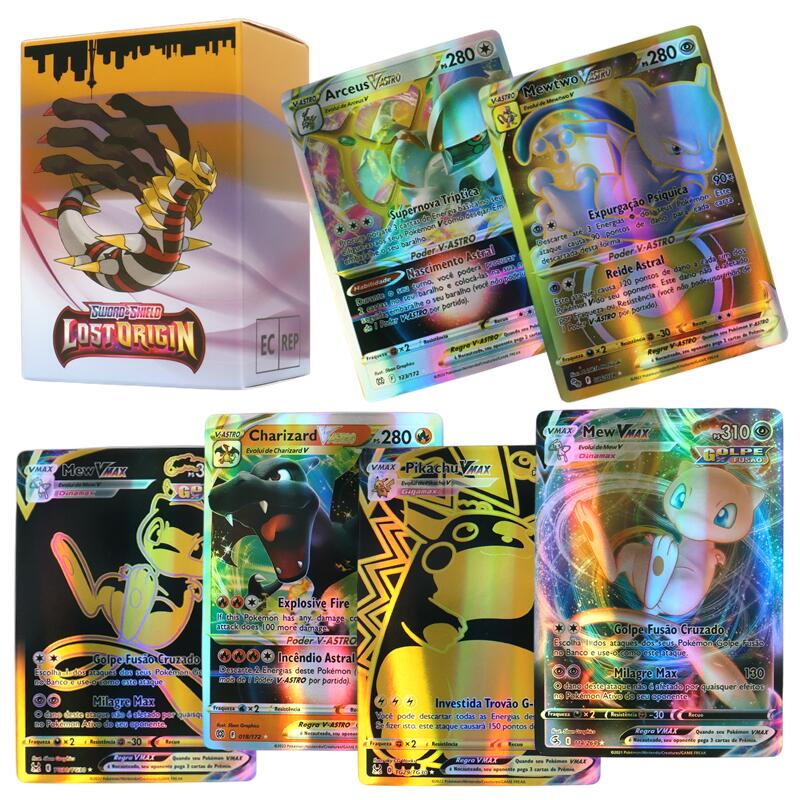 100 ชิ้นโปรตุเกส Holographic Pokemon การ์ด 49Vstar 51Vmax ตัวอักษร Rainbow Arceus เงา Charizard การ์ดของเล่นเด็ก
