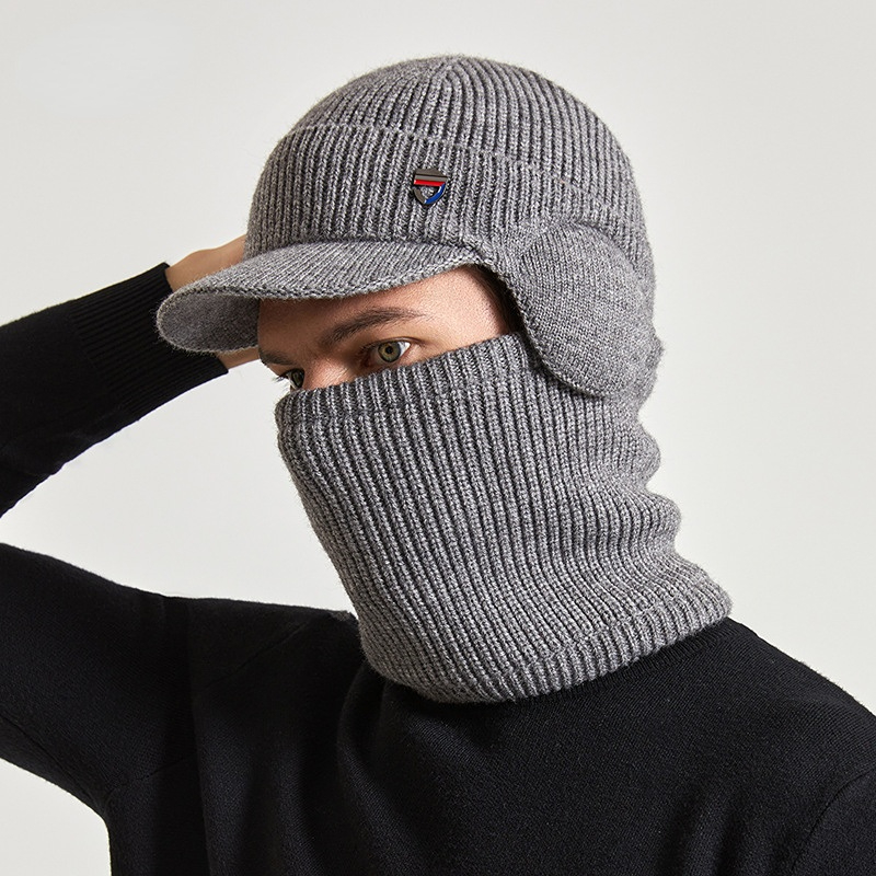 2 Teile/satz männer Gestrickte Hut Schal Gestreiften Weben Kurze Krempe Skullies Kappe Dicke Fleece Gefüttert Winddicht Ohrenschützer Reiten Hut im Winter