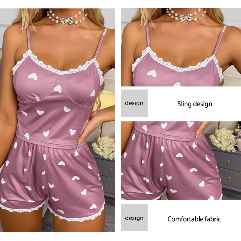 Conjunto de pijama informal con estampado de encaje y tirantes con cuello en V de dos piezas para mujer