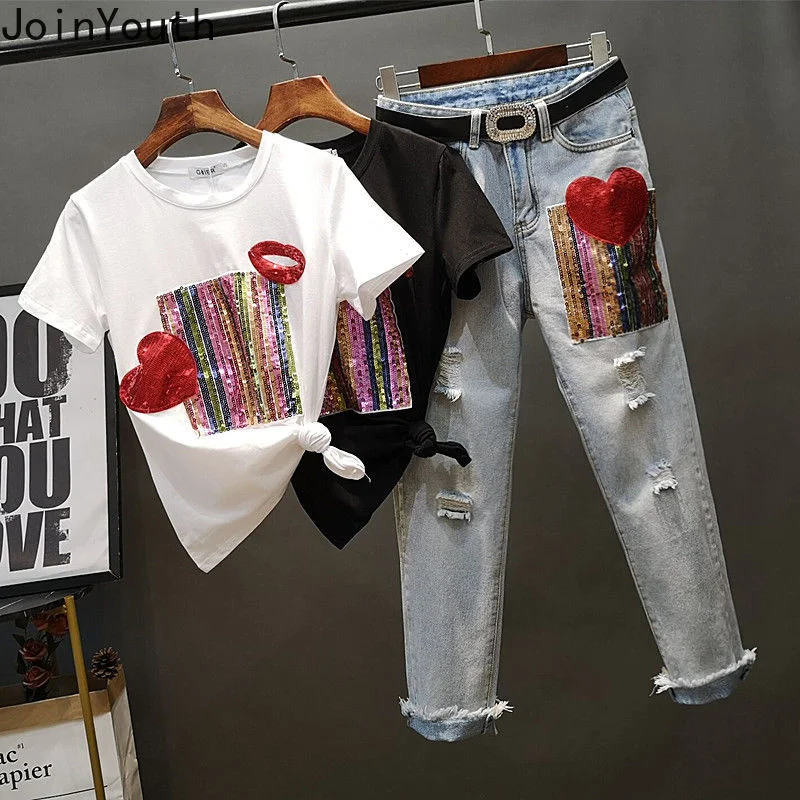 Joinyouth 2023 ファッションセットシックなスパンコール白 Tシャツ + ハイウエストリッピングジーンズスーツ Roupas ファム韓国パンツ 2 点セット女性