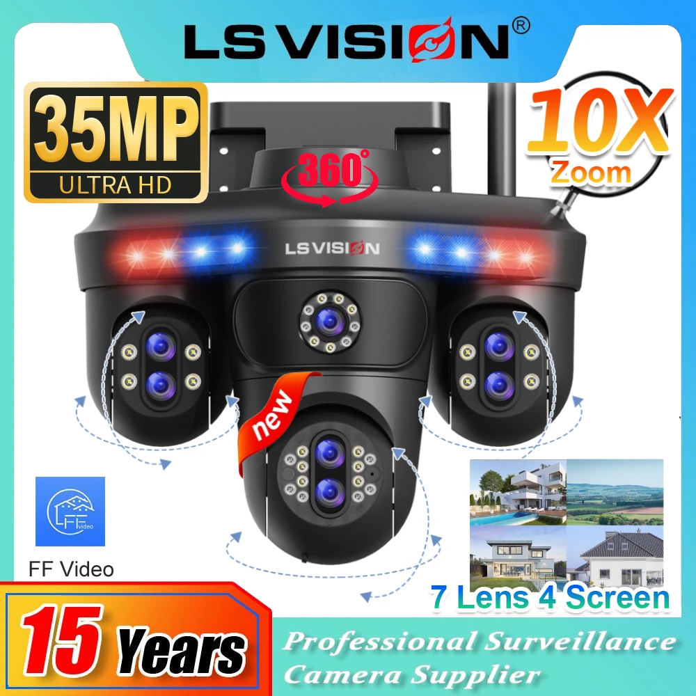 LS VISION 35MP cuatro pantallas 10XZoom WiFi cámara IP al aire libre tres 360 cámara PTZ seguimiento automático cámaras de vigilancia CCTV de seguridad