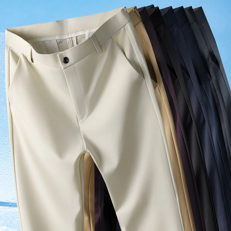 29-42 Pantaloni estivi da uomo Pantaloni casual elasticizzati dritti sottili senza traccia, senza tessuto da stiro, sensazione setosa e fresca