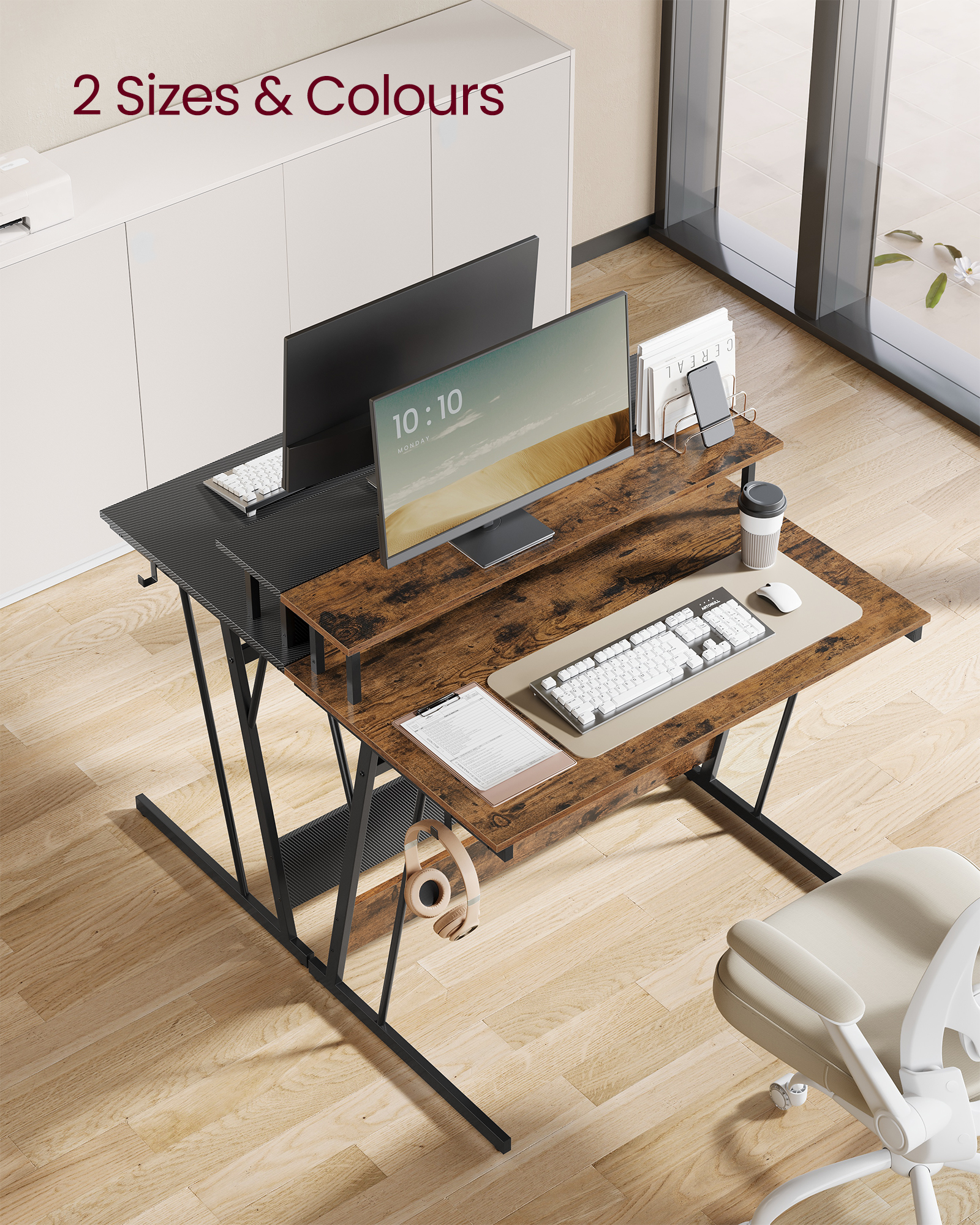 Gaming Desk with LED Lights and Built-In Power Outlets, Computer Desk with Monitor Shelf, 60 x 100 x 76 cm