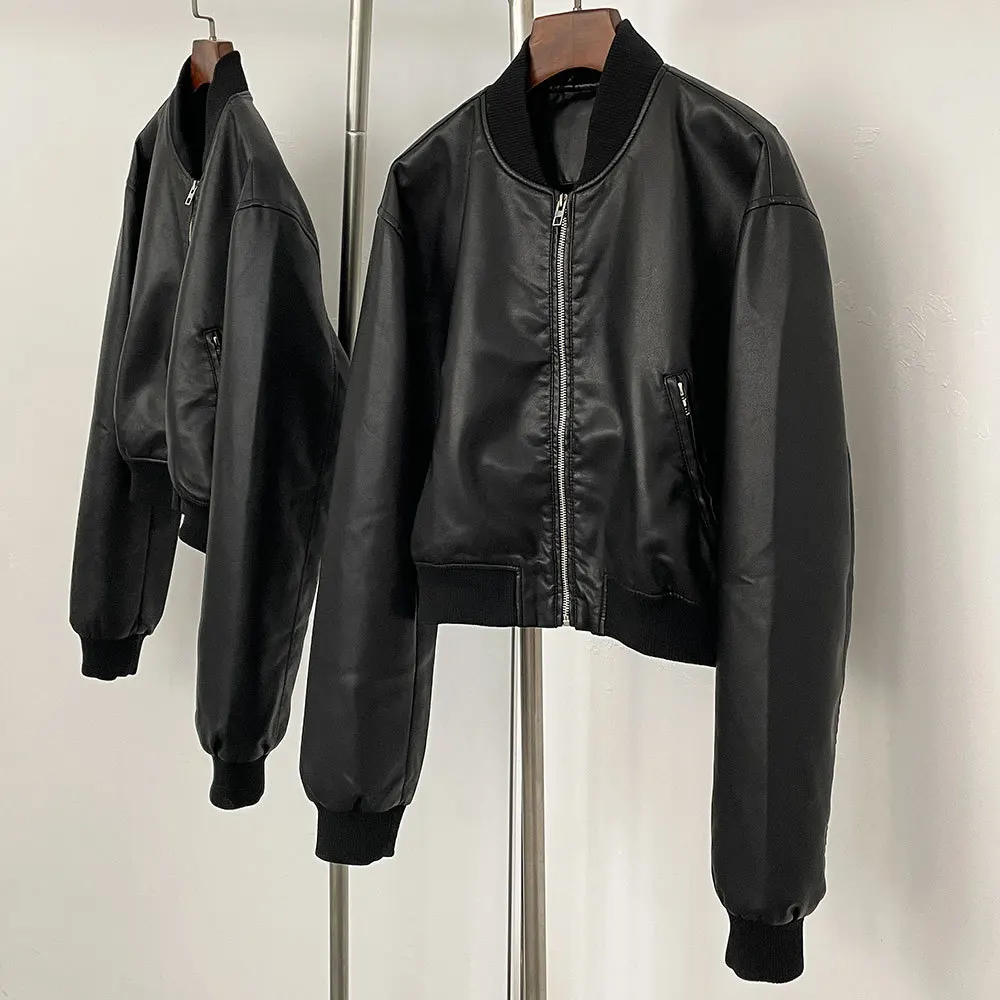 Herbst und Winter neue Leder einfarbig Kurzmantel Retro-Stil kurze Reißverschluss Strickjacke lässig All-Match-Lederjacke weiblich