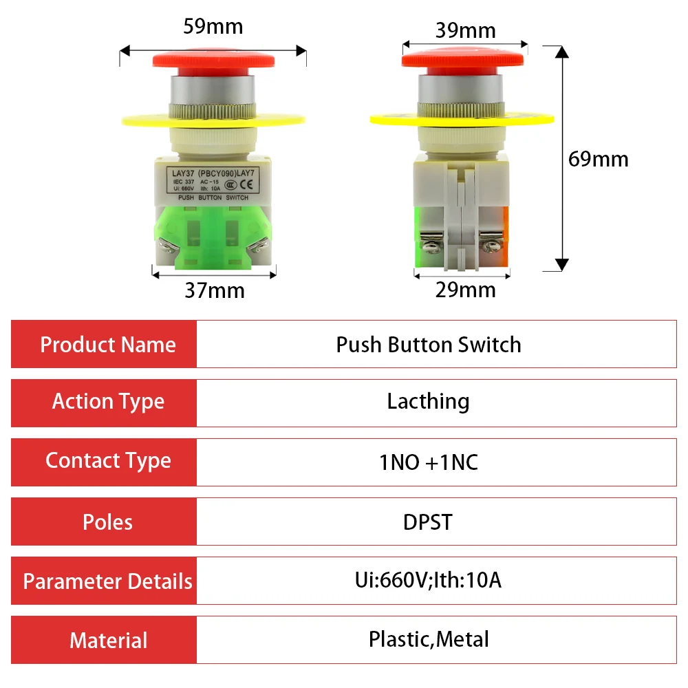 Tapa de seta roja 1NO 1NC DPST interruptor de botón de parada de emergencia AC 660V 10A equipo de interruptor elevador enganche autobloqueo