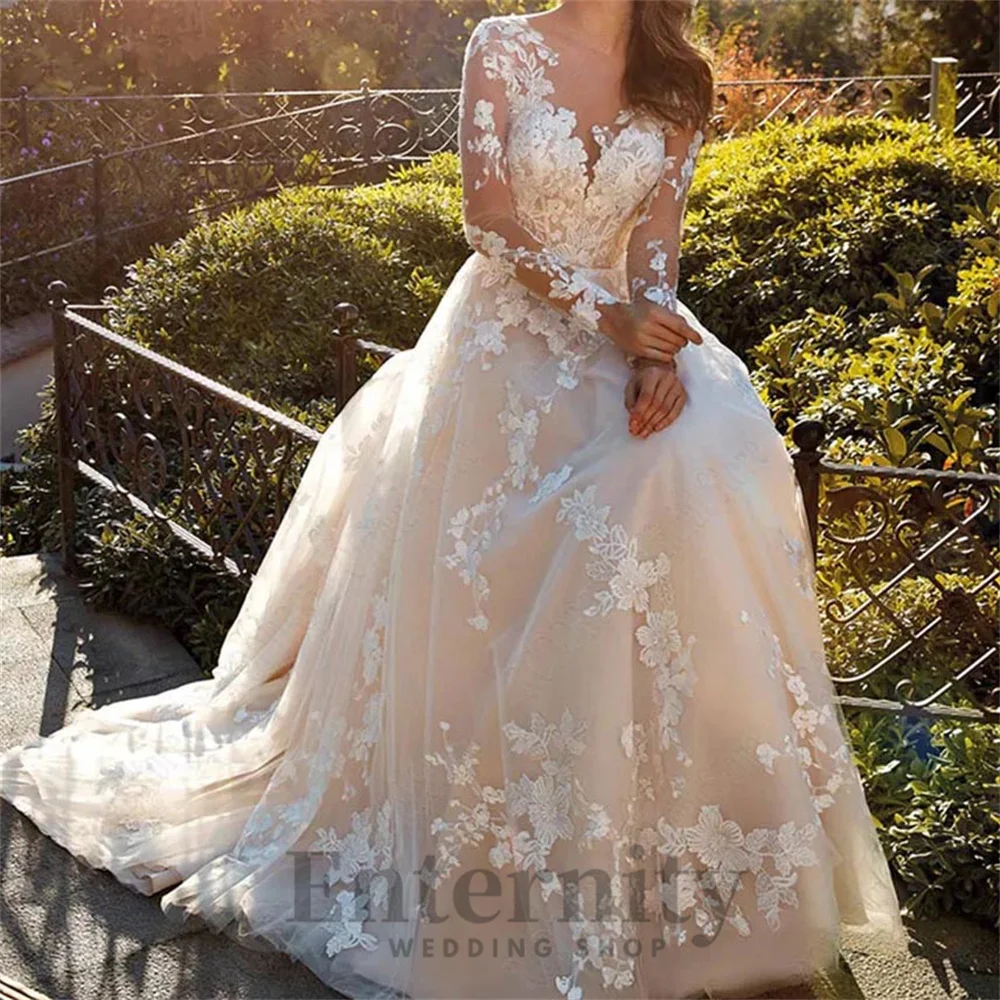 Enternity-vestido de novia línea a a a la moda, mangas completas, cola de corte, cuello redondo, Apliques de encaje, vestidos de novia personalizados