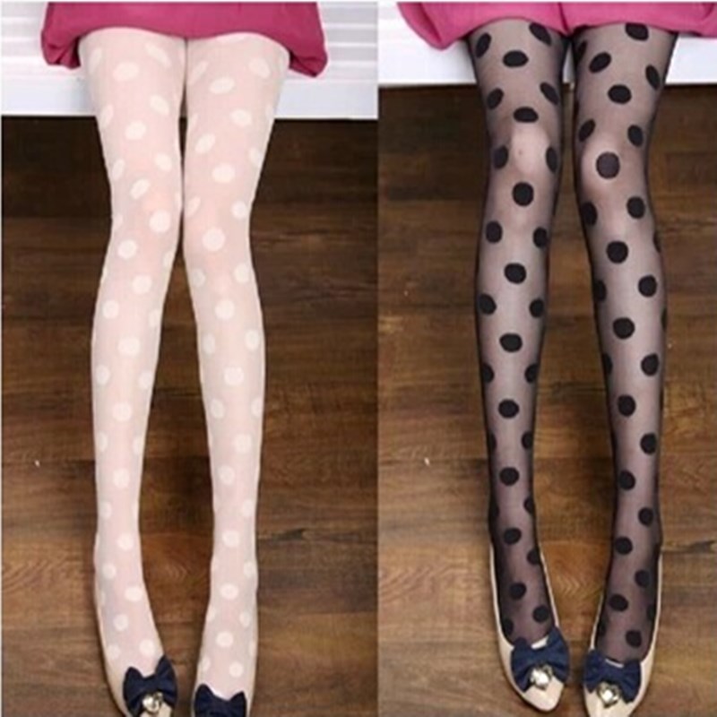 Chấm Bi In Hình Vớ Sexy Thun Fishnet Lưới Liền Mạch Quần Nylon Đen Trắng Hộp Đêm Nữ Nữ Lụa Thun