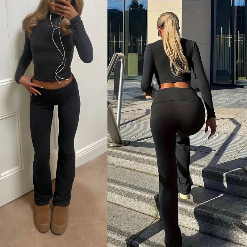 Wygodny bawełniany strój codzienny Odzież damska High Stretch Slim Crop Top i Skinny Flare Leg Pants Suit Gym Fitness 2-częściowe zestawy