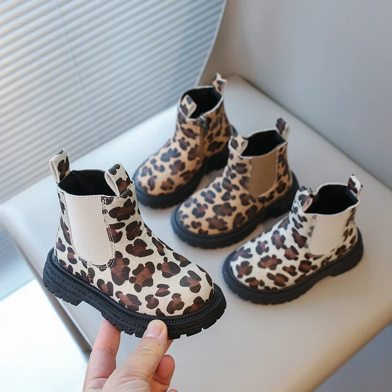 Botas clássicas com estampas de leopardo para menino e menina, ankle boots clássicas com zíper lateral, borracha, respirável, quente, unisex, moda