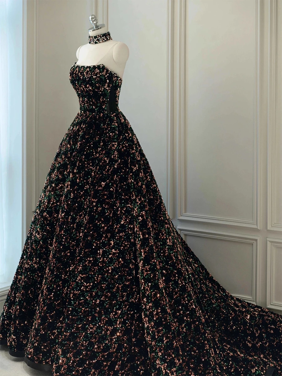 JVDV Black Sparkly Sequins Beaded Prom Dresses 2023 Real image puffy pricess lace-up corset celebrity red carpet evening gowns