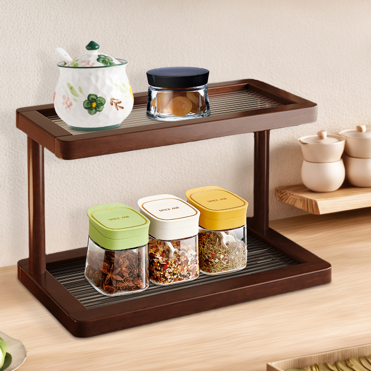 Organizador de vaidade de bambu de 2 camadas com base acrílica, rack de armazenamento ecológico de cosméticos/perfumes para banheiro e cozinha (noz)