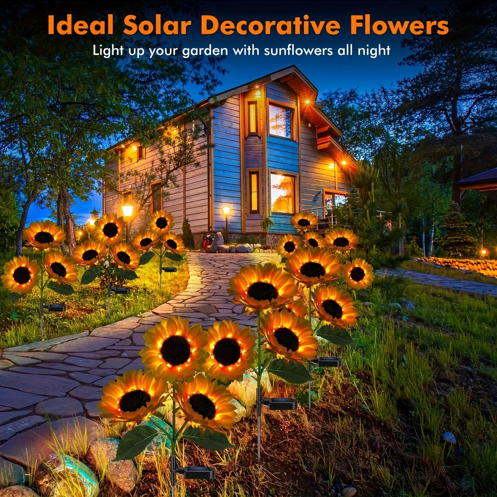 Luzes solares de girassol com 3 cabeças, estaca de jardim, decorativas ao ar livre, à prova d'água, luzes LED de paisagem para pátio, jardim, quintal