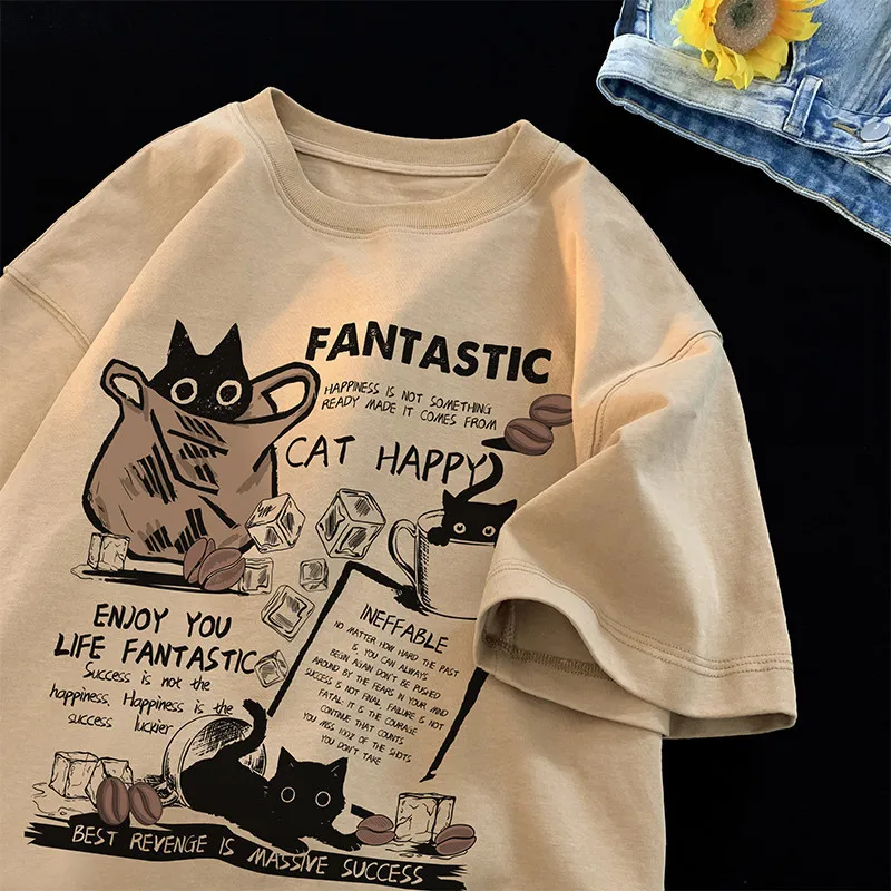 Nieuwe Mannen T-Shirt Pullover Oversized Koreaanse Versie Cartoon Cat Group Print T-Shirt Casual Korte Mouw Paren T-Shirt