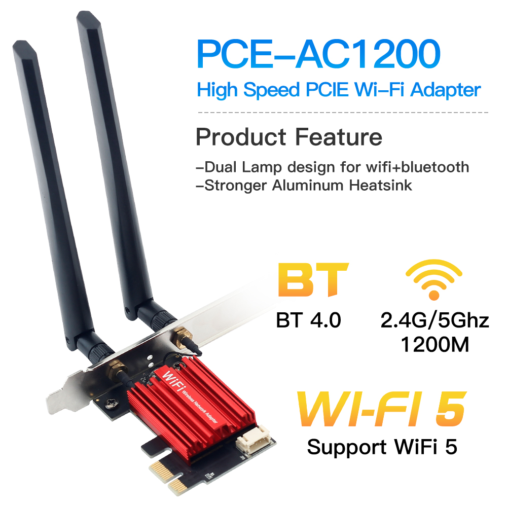 FENVI WiFi 5 PCI-E Adapter bezprzewodowy Karta sieciowa AC1200 Dwuzakresowy 2.4G/5GHz 802.11AC Dla Bluetooth 4.0 Laptop stacjonarny Windows 10