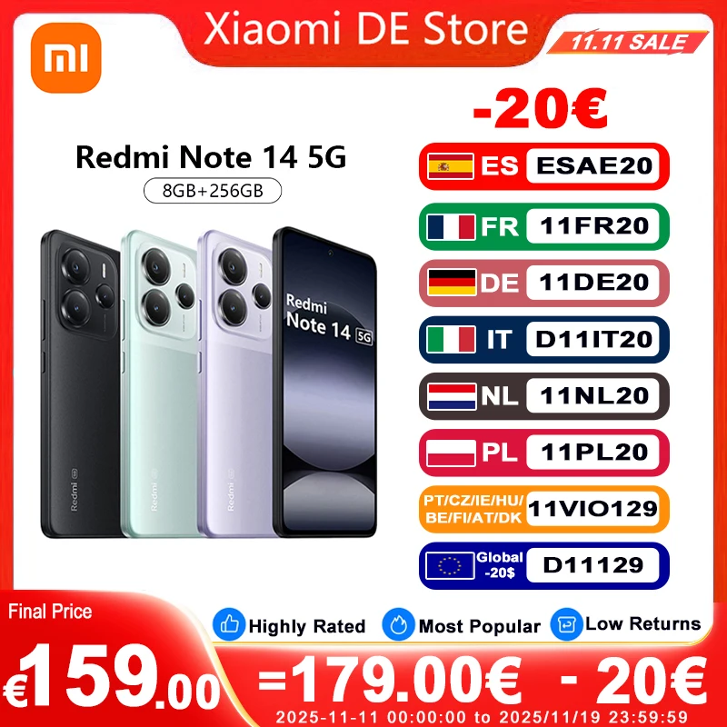 【Brand+】Xiaomi Redmi Note 14 5G Wersja Europejska 8+256GB Wyświetlacz AMOLED 6,67 cala 120Hz Główny aparat 108MP OIS Ładowanie 45W, NFC