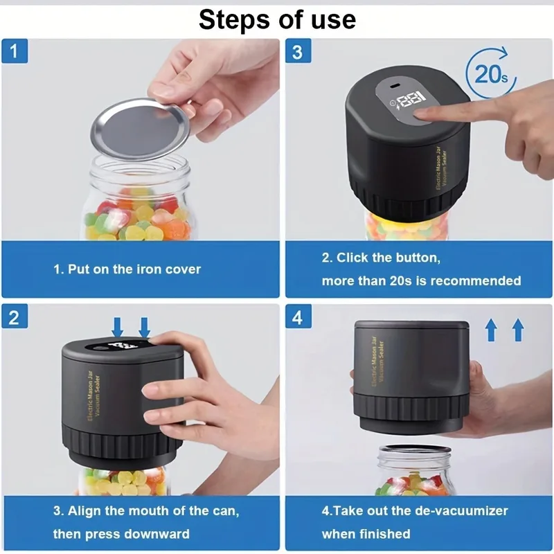 Kit de sellado al vacío eléctrico para tarros Mason, inalámbrico, para fermentación de boca ancha de tarros Mason con Mason