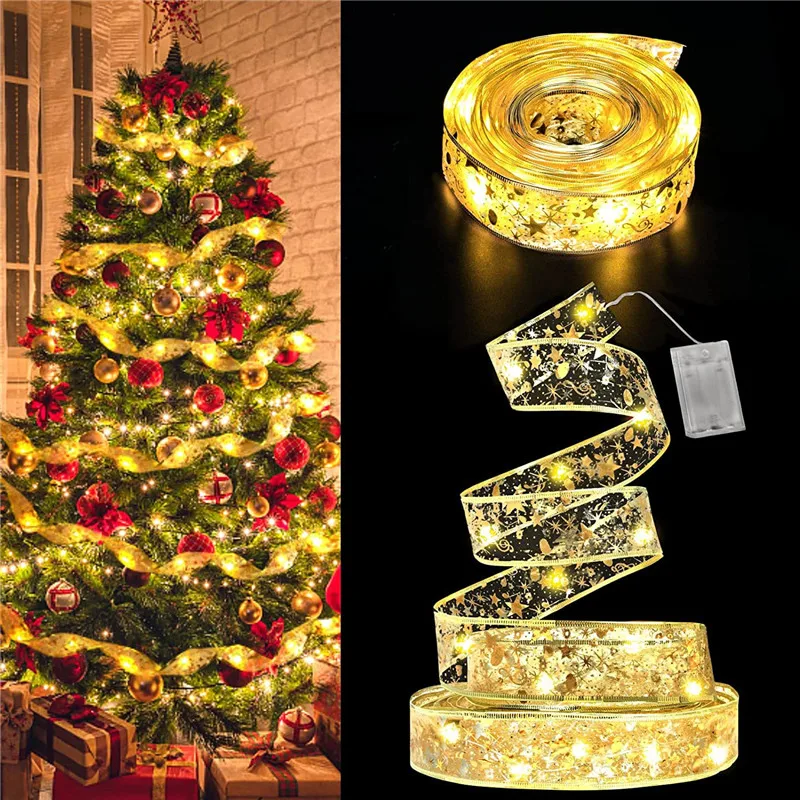 New Christmas Decoration LED Ribbon Fairy Lights Christmas Tree Ornaments for Home 2025 DIY Bows Light String Navidad New Year