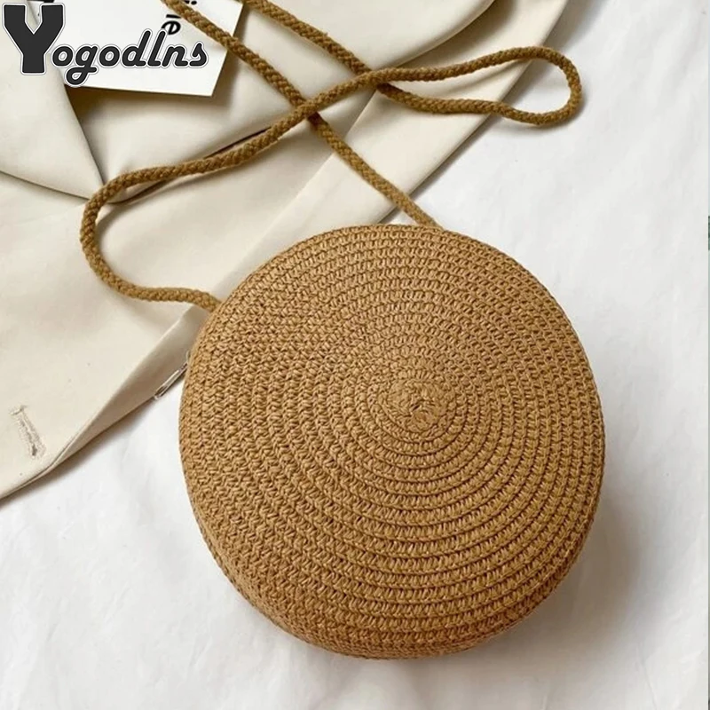 Bolsa transversal de palha redonda para mulheres, bolsa de ombro de vime feminina, artesanal, tricotada, cor doce, pequena, bolsa de praia, fofa