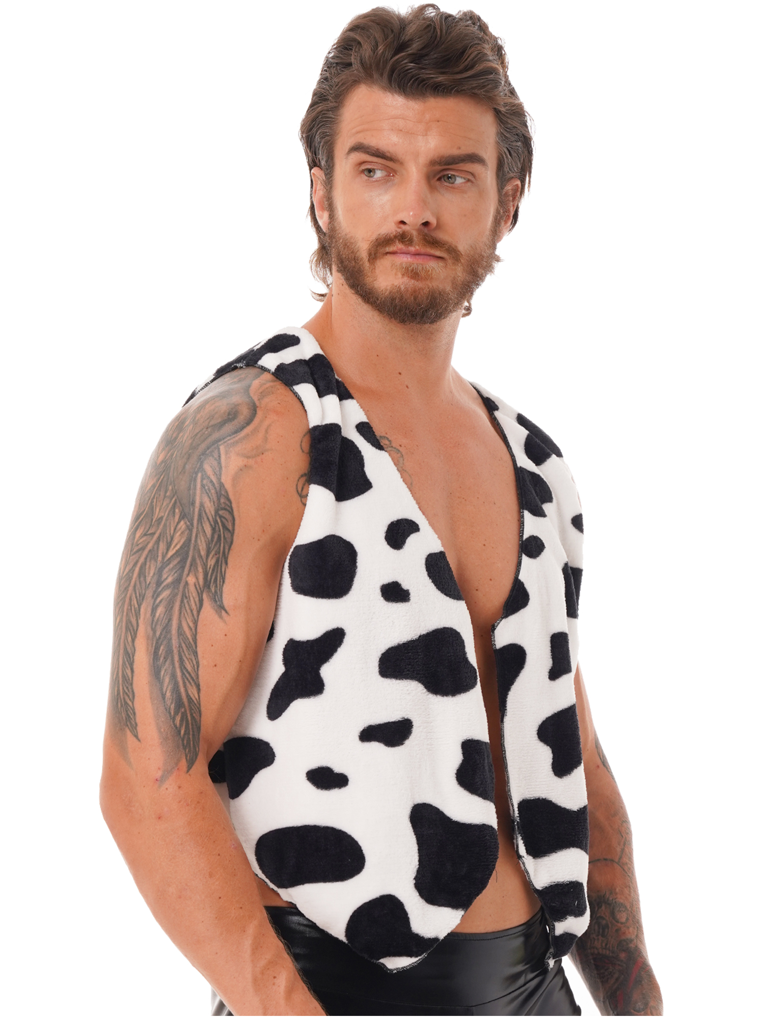 Herren Weste mit Kuhmuster, für Erwachsene, Festival, Weihnachten, Kostüm, ärmellos, vorne offen, Flanell, kurze Weste, Vintage-Hippie-Kostümweste
