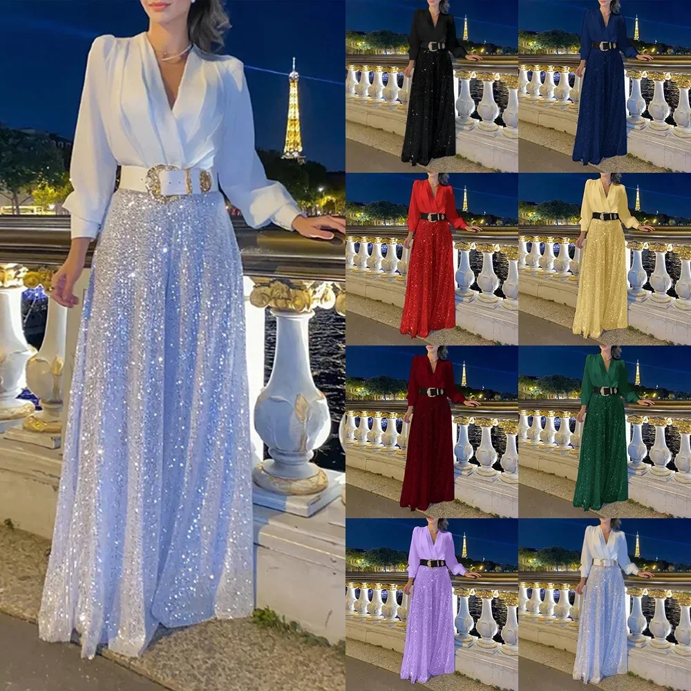 女性用長袖スパンコールVネックジャンプスーツ,ワイドレッグパンツ,エレガントで魅力的なシャツ,スリムウエスト,ファッション,秋,2024