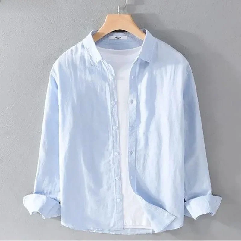 Csa Fresca de Verano para Hombre, Manga Larga Deada, Color Puro, Informal, Mezcla de Aodón y Lino, Transpirable, Corte...