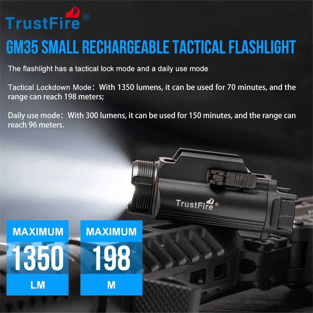 Trustfire GM35 linternas LED tácticas Mini luces de pistola 1350 lúmenes USB recargable pistola de liberación rápida 1913/GL Rail
