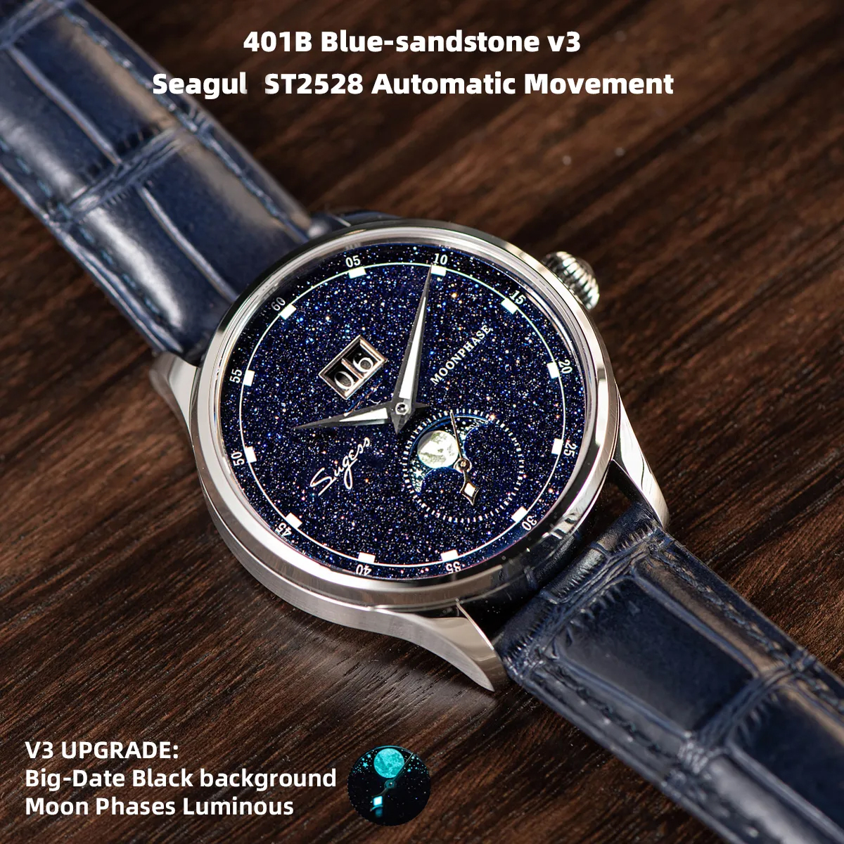 Sugess Moonphase Relojes de pulsera de lujo Caja de acero inoxidable 316L Tianjin ST2528 Movimiento Piedra preciosa Estrellas Dial Reloj de pulsera para hombre Regalo