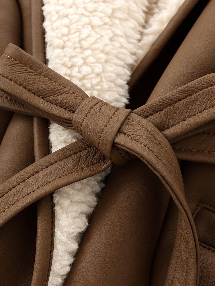 Jaqueta retrô de couro de camurça feminina, casaco com renda com cinto, top curto, roupas estilo europeu e americano, nova moda