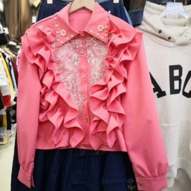 Neploe ヘビービーズスパンコールウィングシャツ女性のための 2024 新しいラペルネック黒ブラウス Y2k 長袖フリル Blusas Mujer