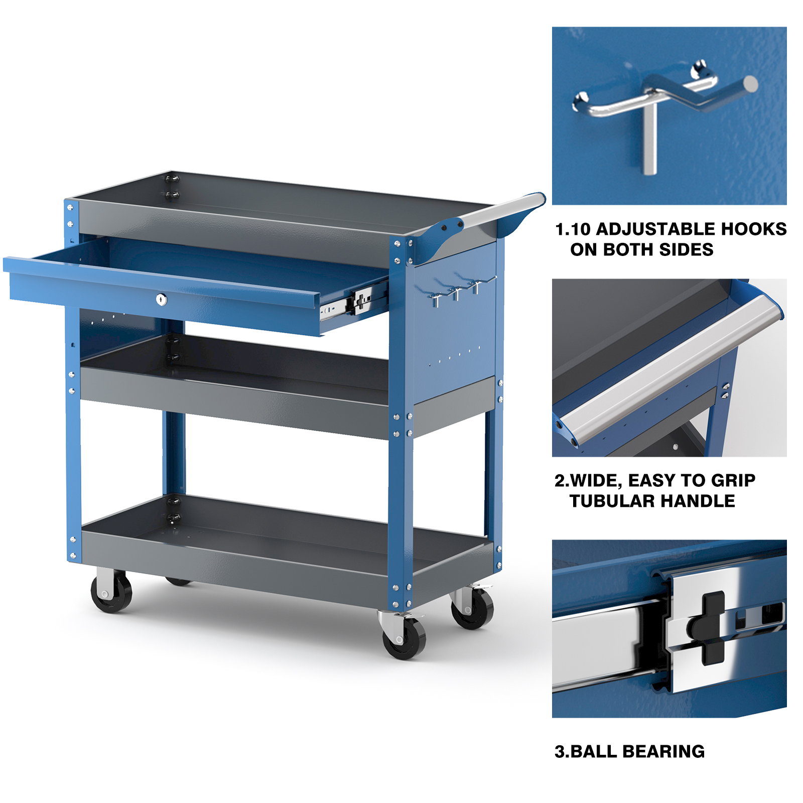 AIRAJ 3 Tier Rolling Tool Cart on Wheels,Metal Heavy Duty Mechanic Cart with Drawers and Pegboard,Industrial Utility Cart