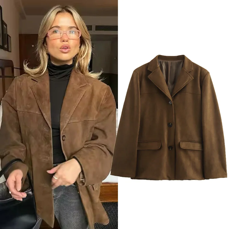 Hxao jaqueta feminina de dinheiro velho, jaqueta de camurça de couro marrom, casaco vintage de meia temporada, outono inverno, novo em agasalhos