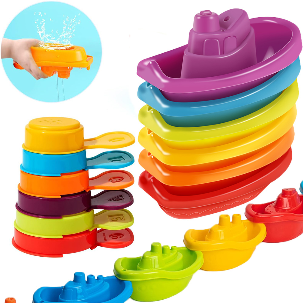 Baby-Badespielzeug, Stapelboot- und Löffelspielzeug, Intelligenzgeschenk für die frühe Bildung, Regenbogenfarbenes, faltbares Turm-Babyspielzeug mit gestapelten Tasse