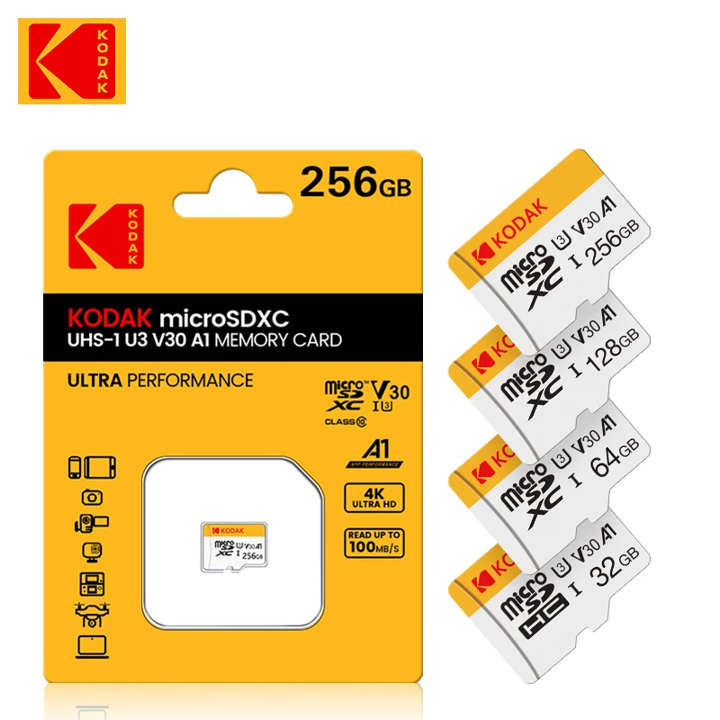 Carte mémoire d'origine KODAK 64 Go 128 Go 256 Go U3 4K Micro SD 32 Go SDHC UHS-I C10 A1 V30 TF SancFlash Microsd