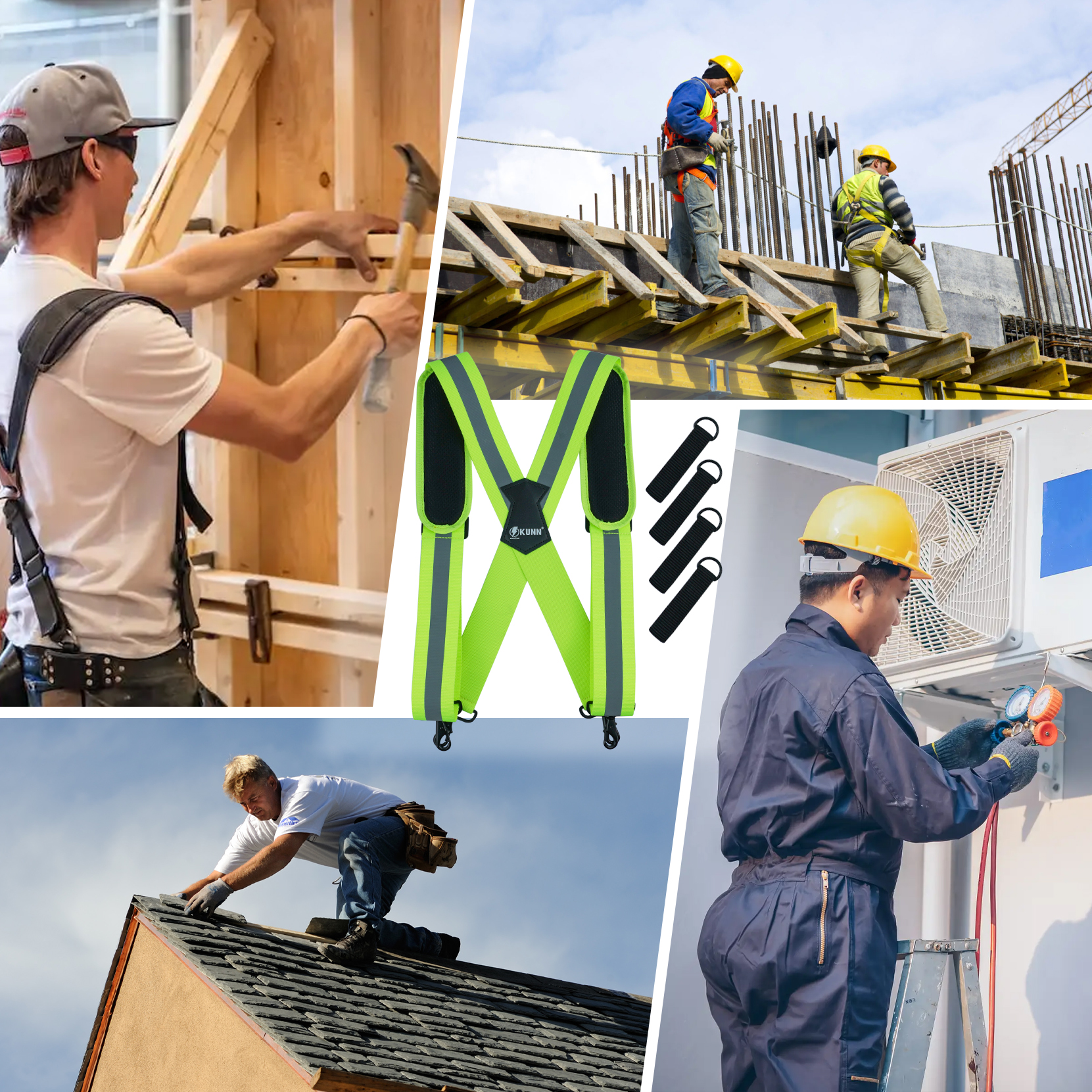 KUNN Hi-Vis gereedschapsriem bretels Zware reflecterende veiligheidswerkbretel met verwijderde gewatteerde schouder, 4 stuks gereedschapsriemlussen