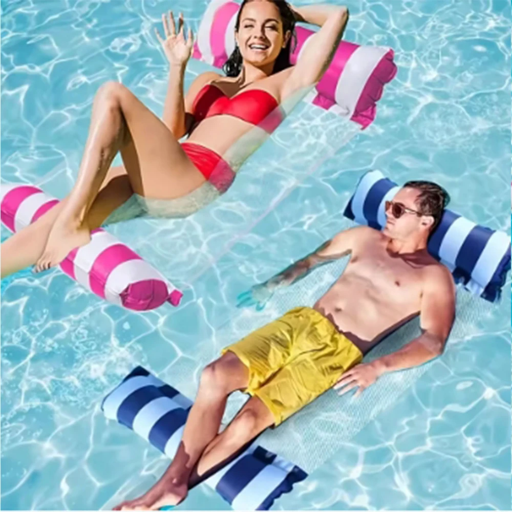 Sillón inflable plegable a rayas, adecuado para fiestas en la piscina y camas flotantes de ocio en la playa con respaldo de red