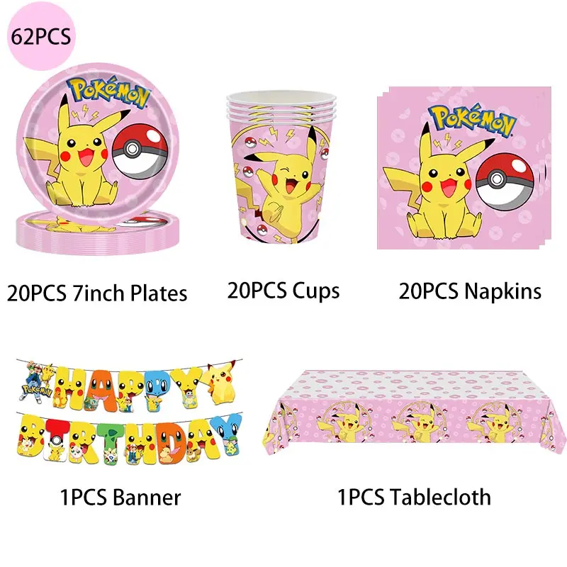 Decoraciones para fiesta de cumpleaños de Pikachu, globos de aluminio de Pikachu, vajilla desechable, plato, servilleta, pancarta para suministros de fiesta para niño