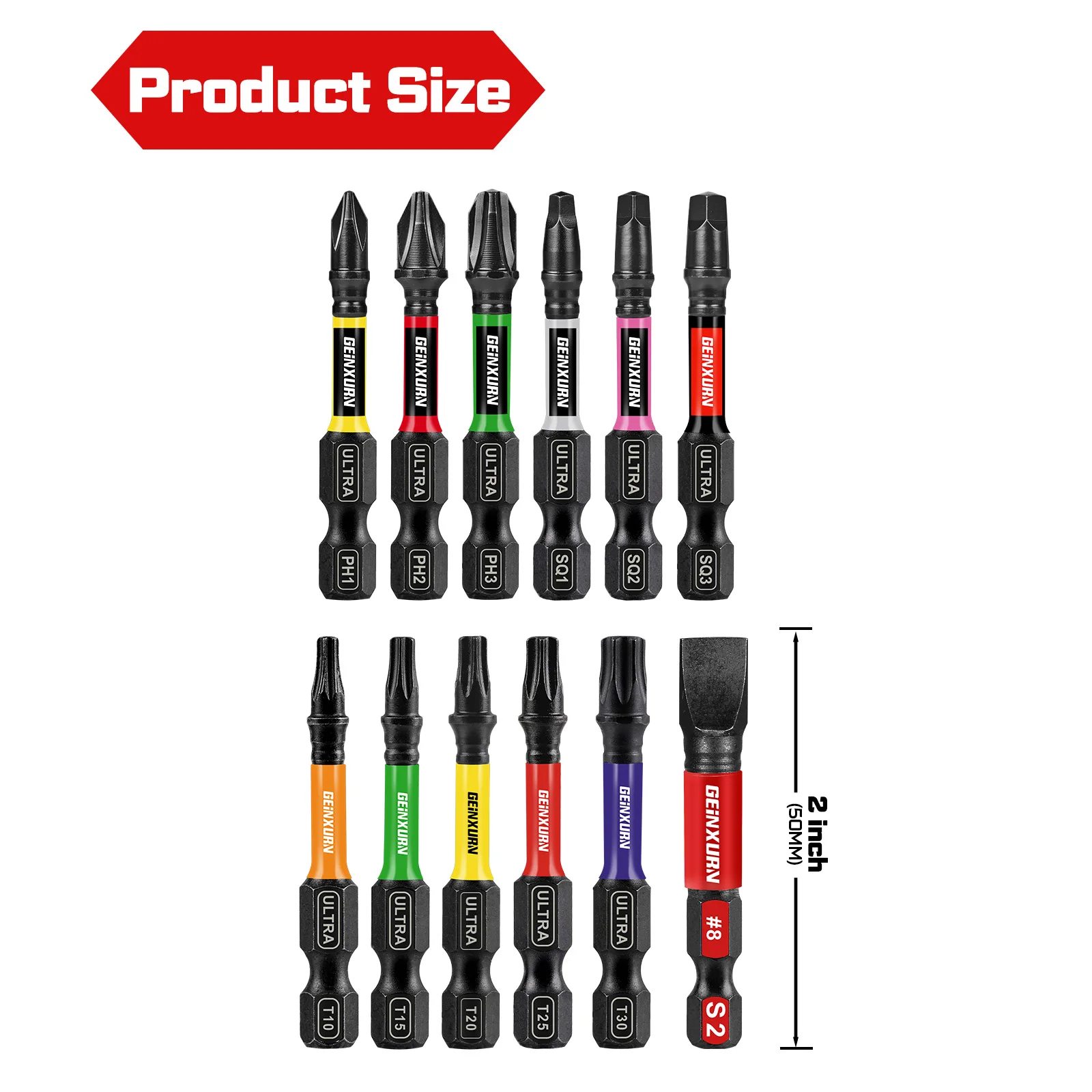 Geinxurn Juego de puntas de destornillador Phillips/cuadrado/ranurado de impacto, juego de puntas de acero S2 magnéticas de 2 pulgadas con base codificada en color, 13 piezas