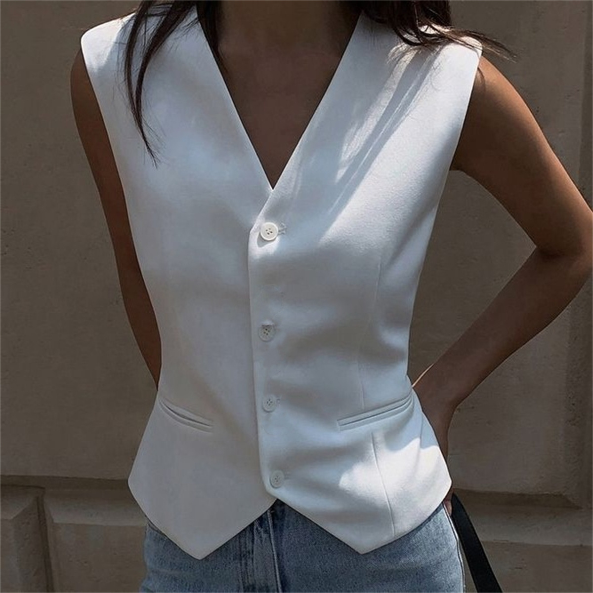 Frauen Mode Ärmellose Anzug Weste Solide Einreiher V-ausschnitt Tops Elegante Büro Dame Kleidung Dünne Beiläufige Straße Strickjacke